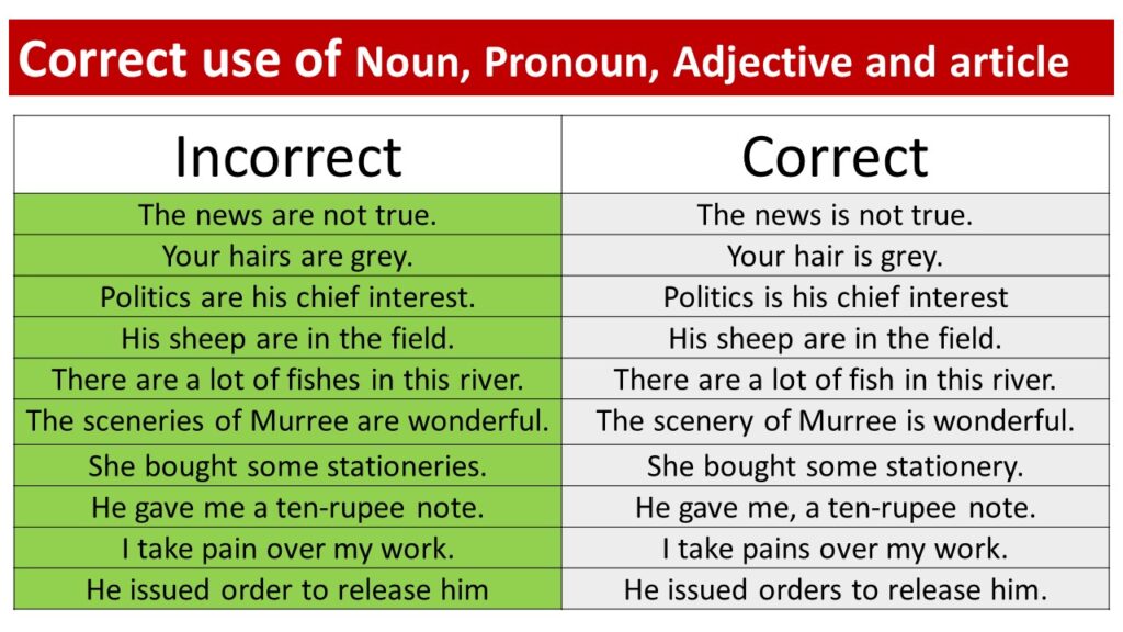 Correct use of Noun, Pronoun, Adjective and Article - Vocabulary Point