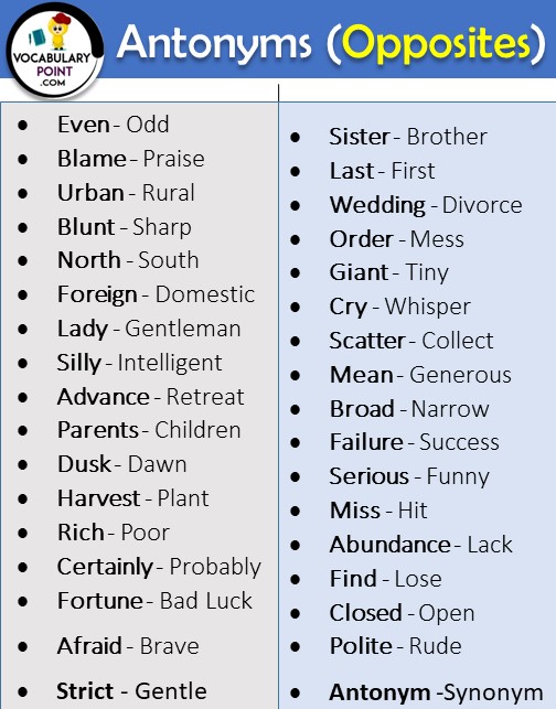 antonyms list, antonyms and synonyms list with pdf, opposite words