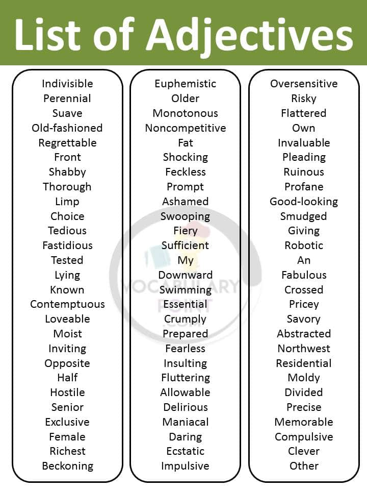 List of adjectives with examples