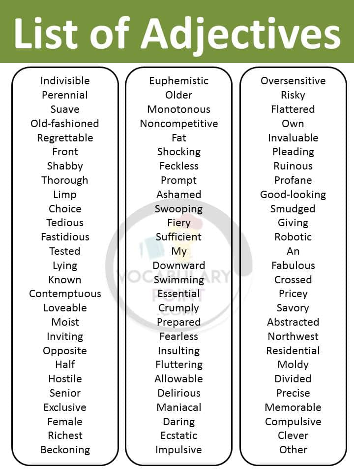 Word List Of Adjectives Adjective List Pdf Vocabulary Point