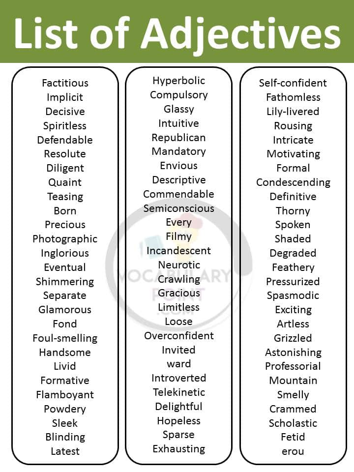 Word List Of Adjectives | Adjective List PDF - Vocabulary Point