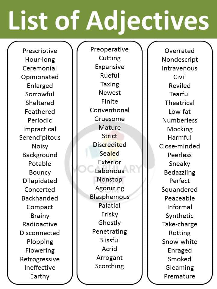 Word List Of Adjectives | Adjective List PDF - Vocabulary Point