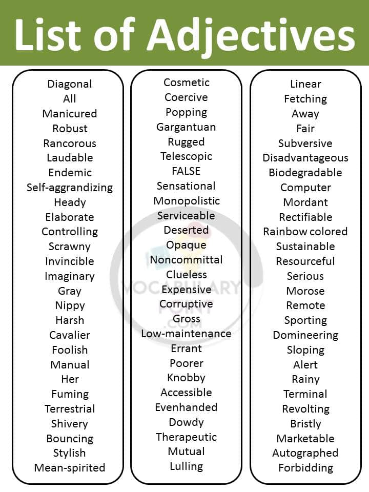 Word List Of Adjectives | Adjective List PDF - Vocabulary Point