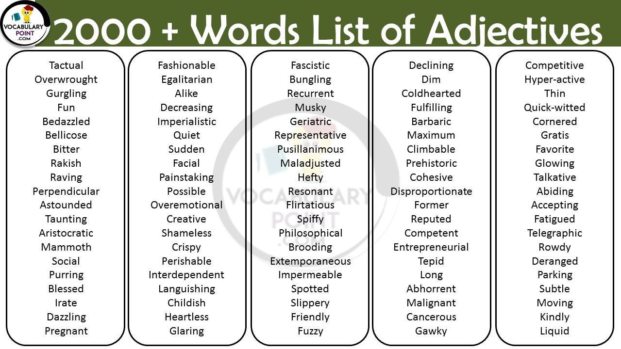 Word List Of Adjectives