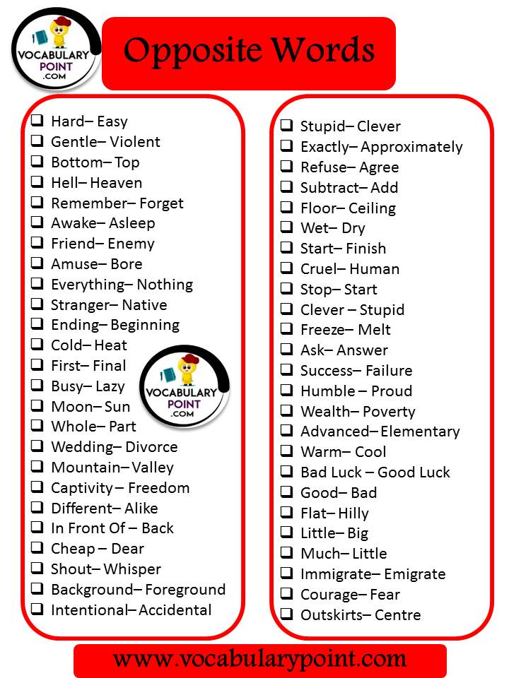 list of opposite words for kids