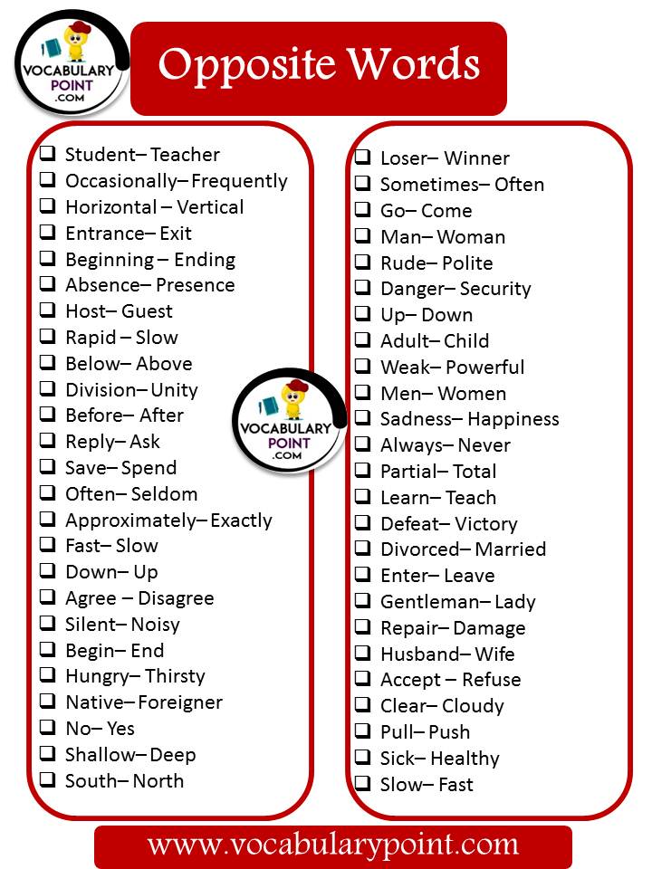 list of opposite words for kids