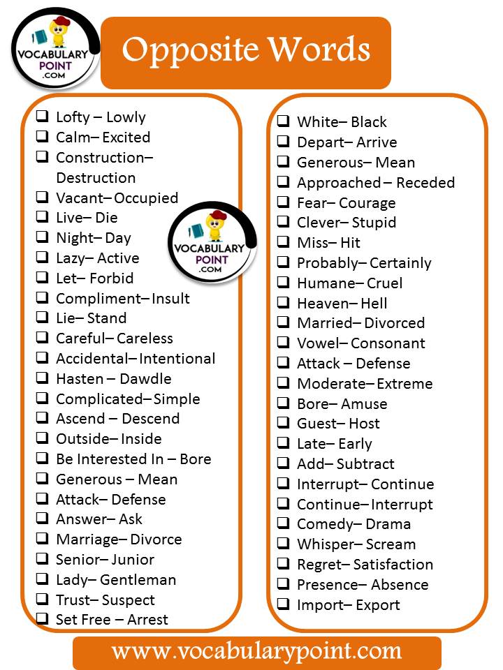 list of opposite words for kids in english