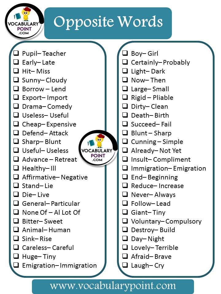 list of opposite words for kids in english