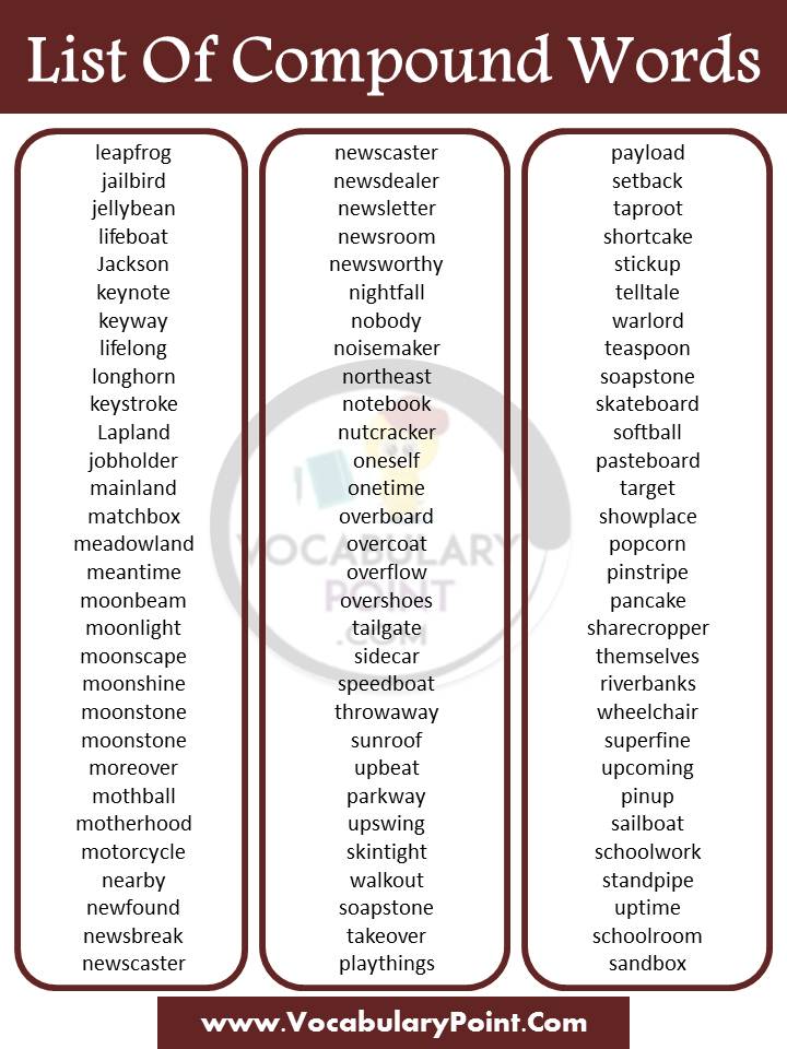 list of compound words for 1st grade