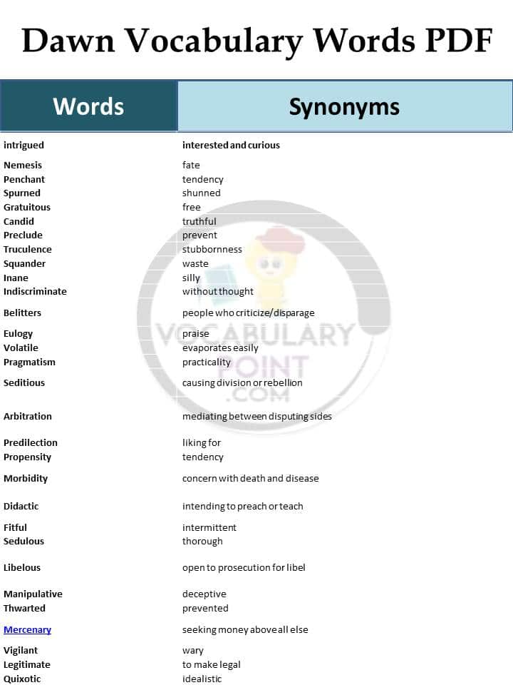 dawn vocabulary pdf