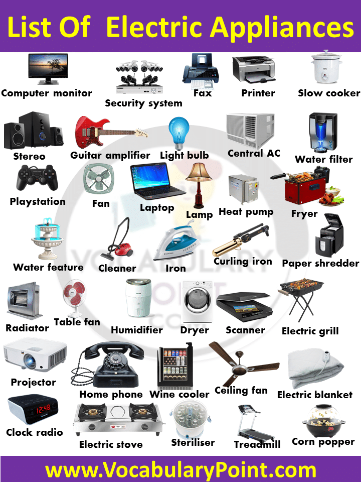 Examples Of Electrical Appliances And Their Uses List Of Electric 