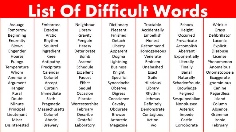 Difficult Words In English For Grade 3