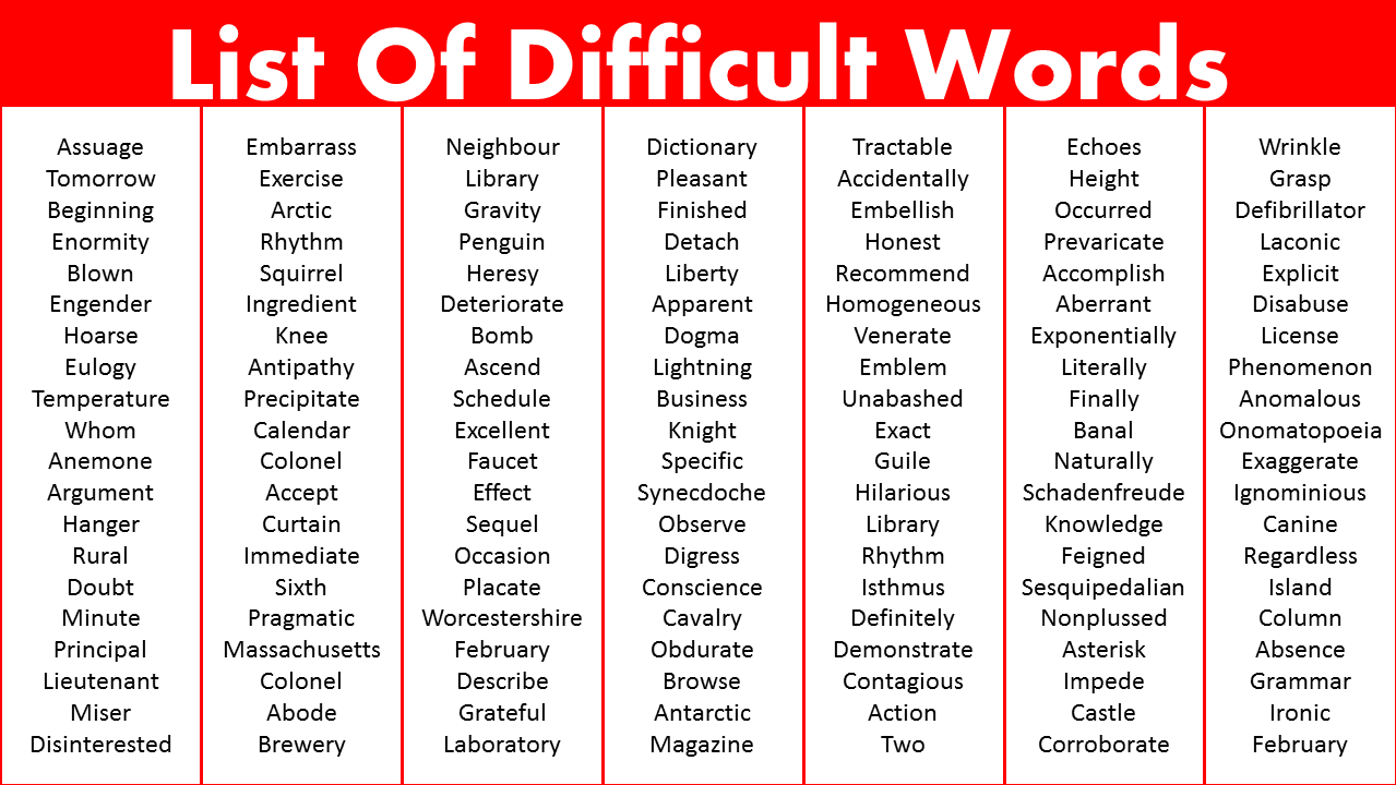 list of difficult words