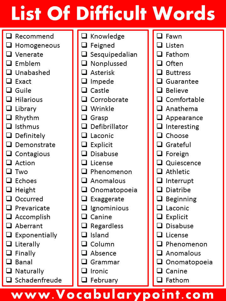 List of Difficult Words