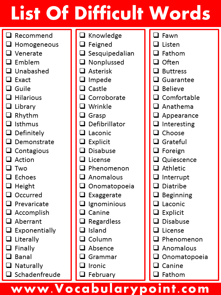 List Of Difficult Words Most Difficult Words In English Vocabulary 