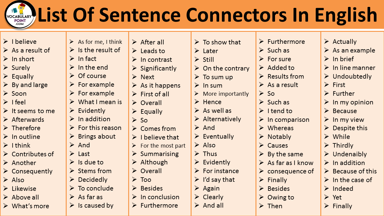 list of sentence connectors in English