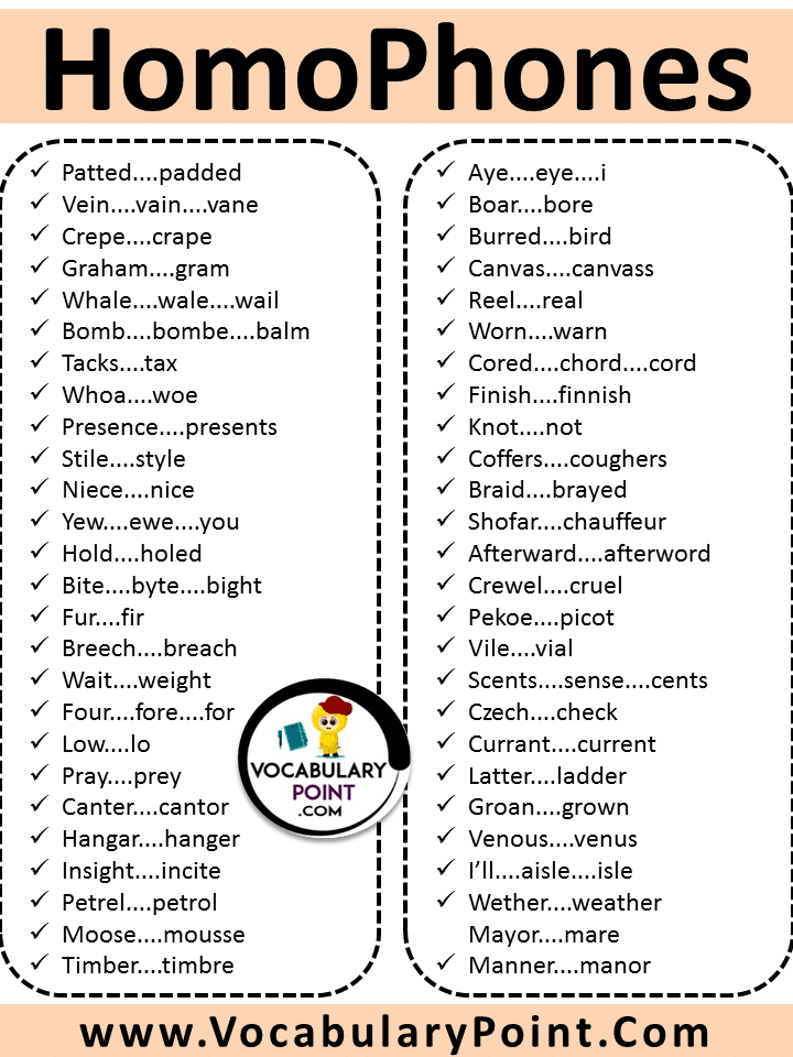 List of homophones example