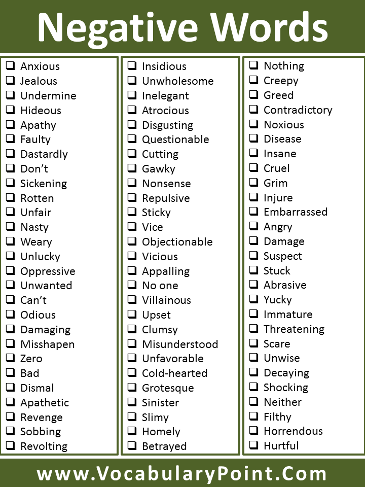 Negative words list to enhance vocabulary