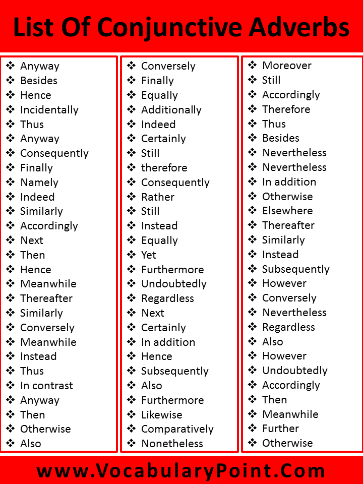 list of conjunctive adverbs