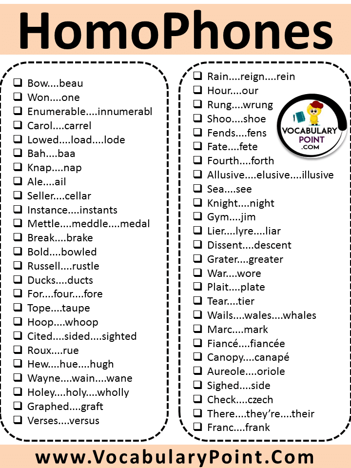 list of homophones for kids