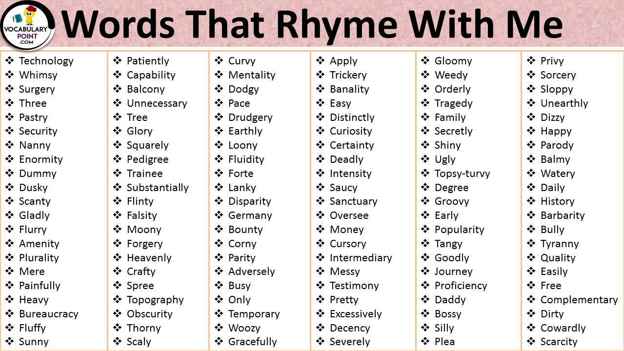 List Of Words That Rhyme With Me Archives Vocabulary Point