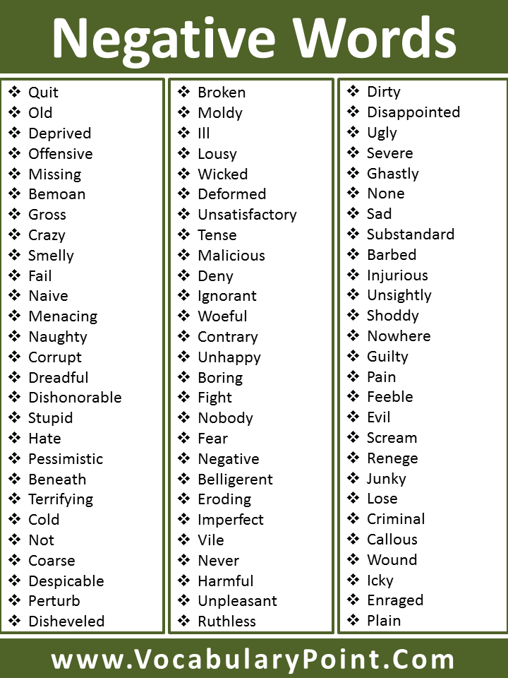 negative words list in english