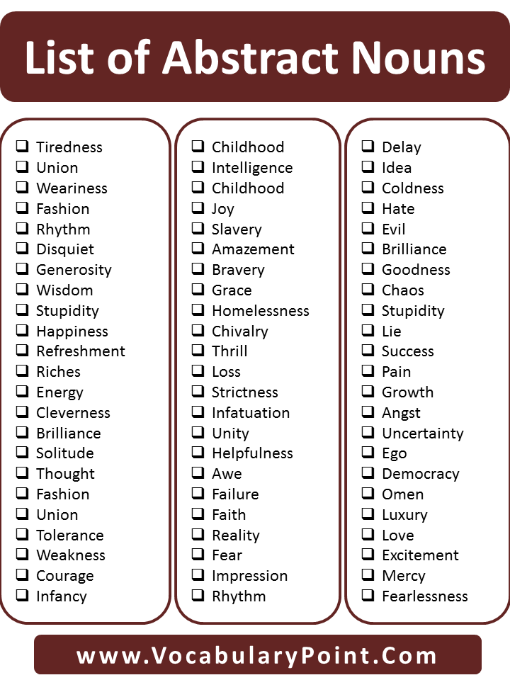 List Of Abstract Noun Examples, Abstract Noun Words Vocabulary Point