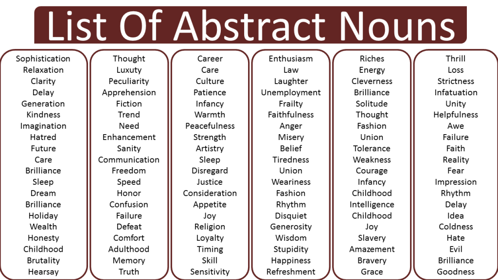 List Ten Example Of Abstract Noun