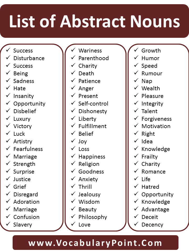 List Of Abstract Noun Words