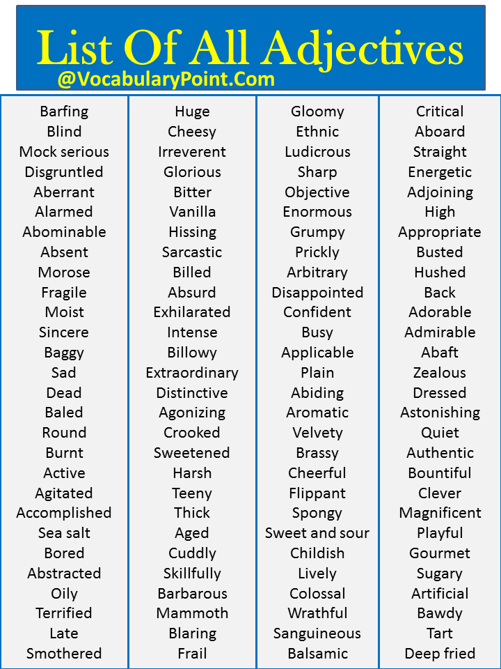 all adjectives in english