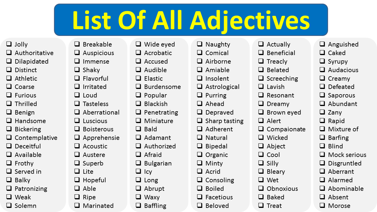 list of all adjectives in english