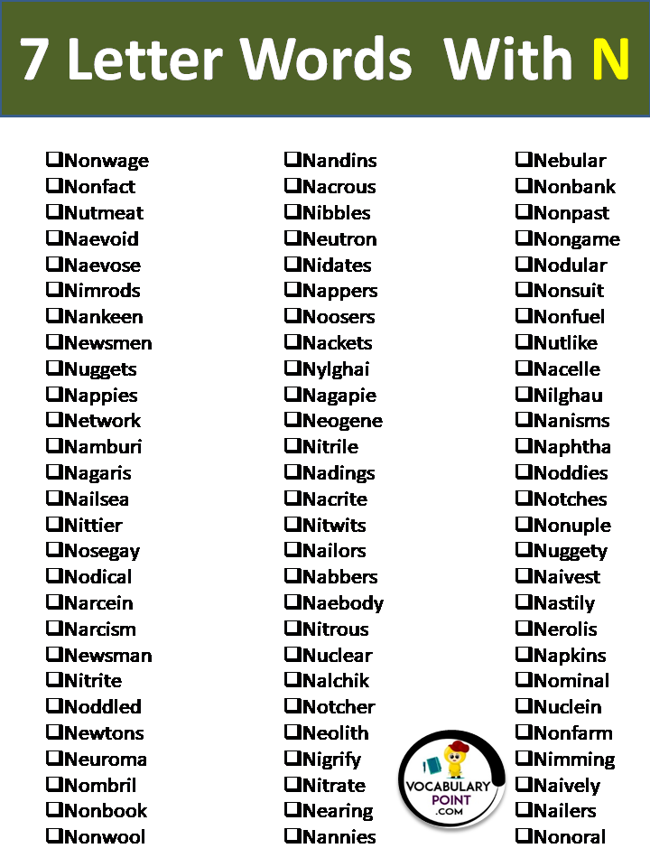 7 letter words in english with N