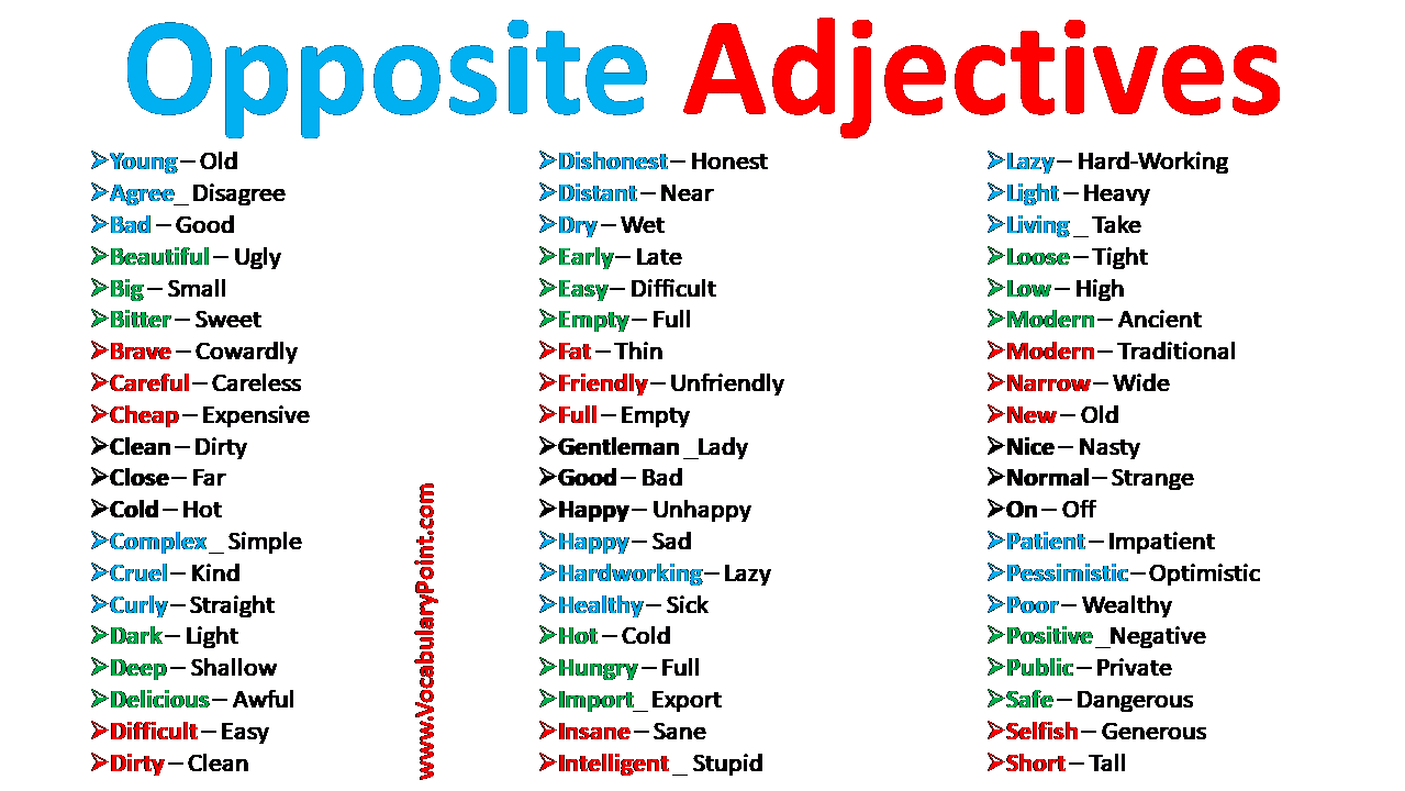 List Of Opposite Adjectives In English