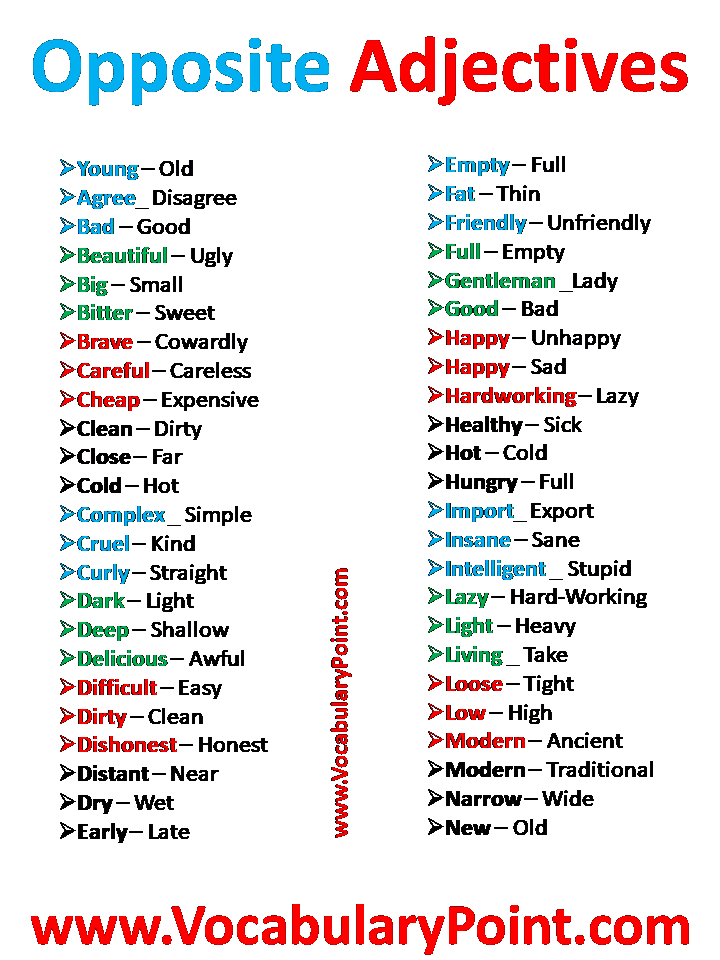 List Of Opposite Adjectives