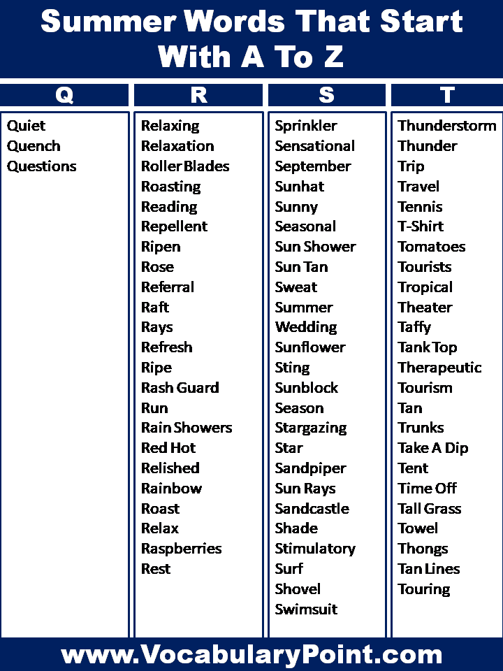 List Of Summer Words With A To Z 