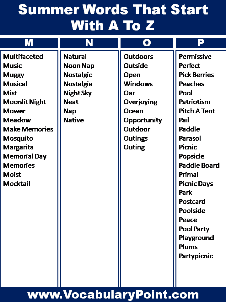 List Of Summer Words With A To Z