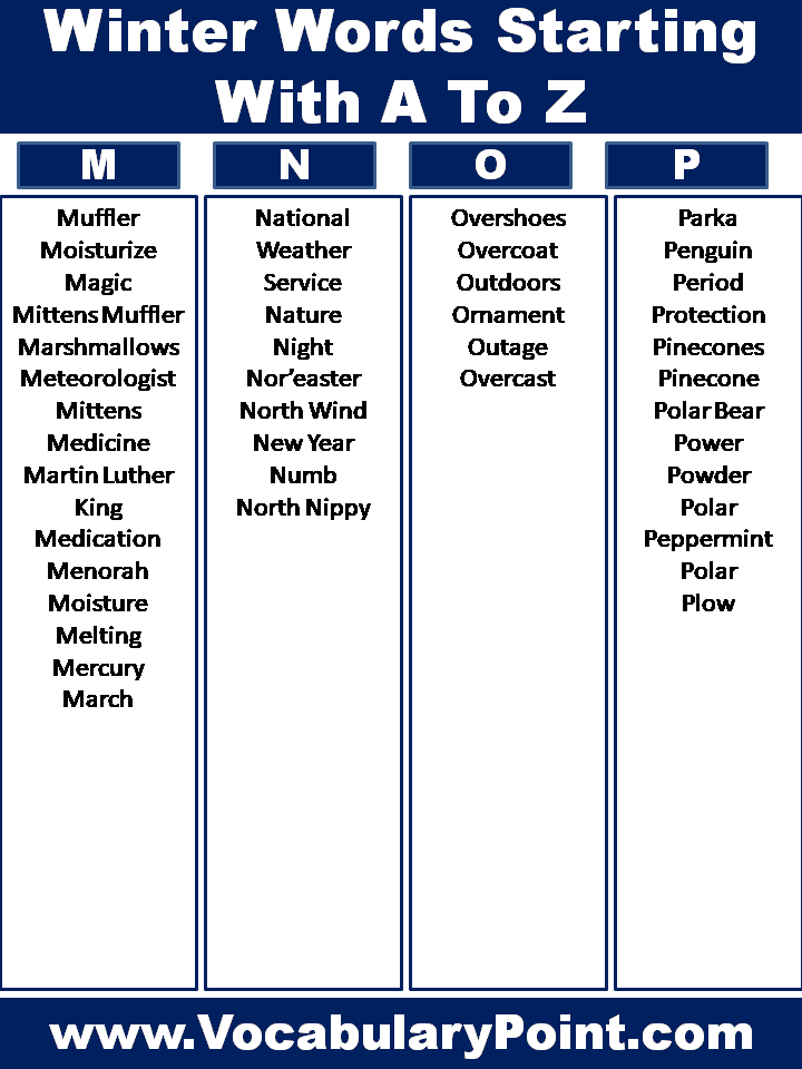 List Of Winter Words With A To Z
