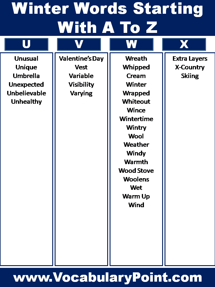 Winter Words Starting With A To Z Vocabulary Point