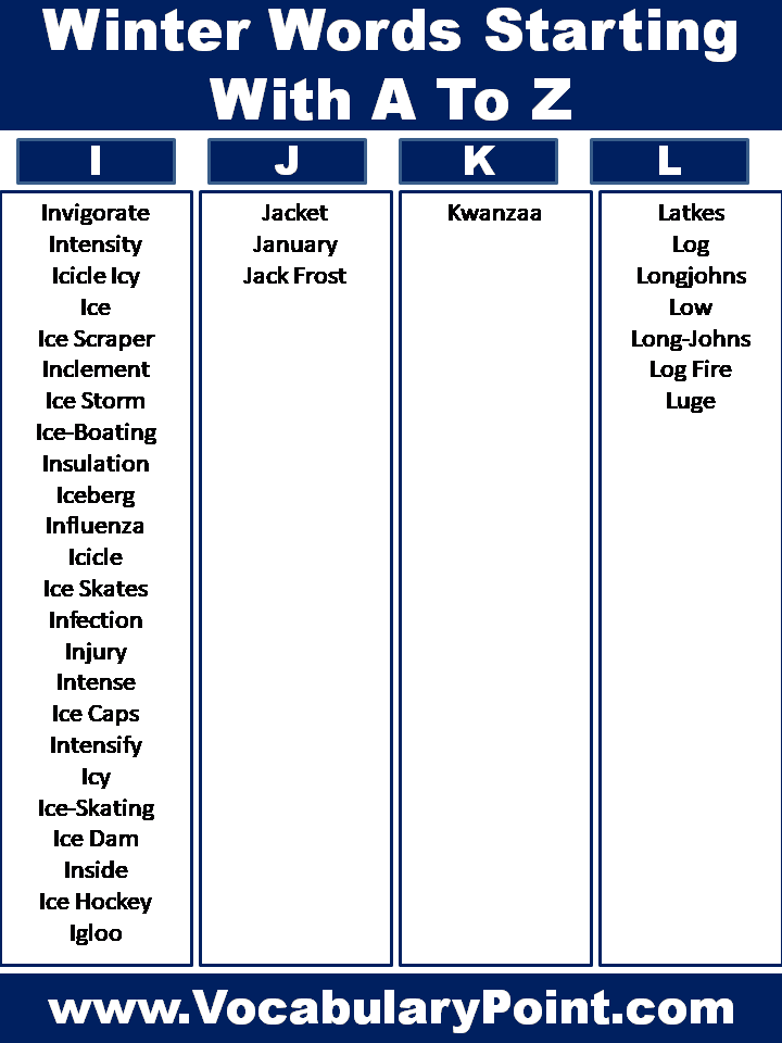 Winter Words Beginning With A To Z