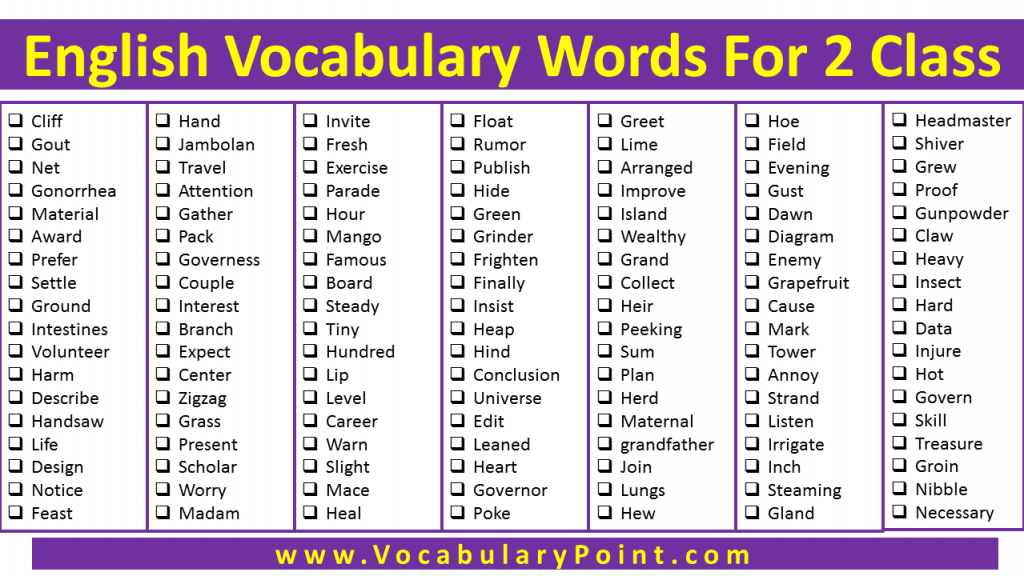 English Words For Class 2 Students