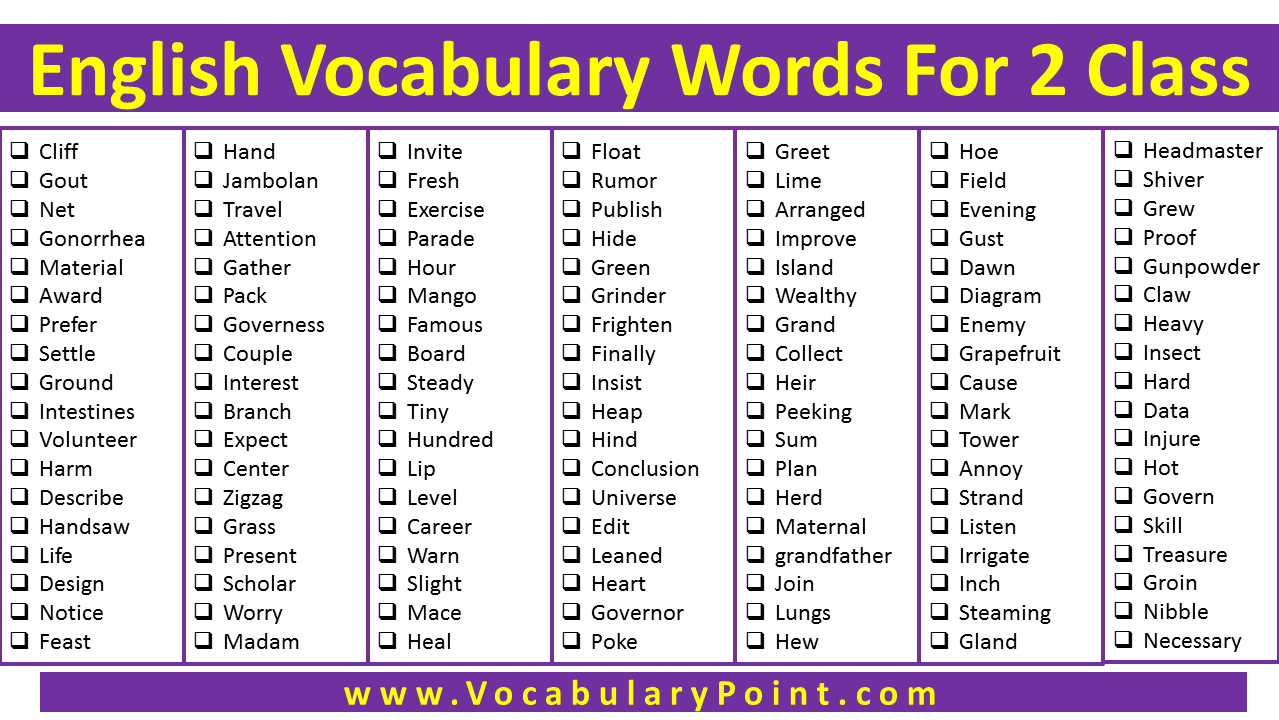 English Difficult Words For Class 2