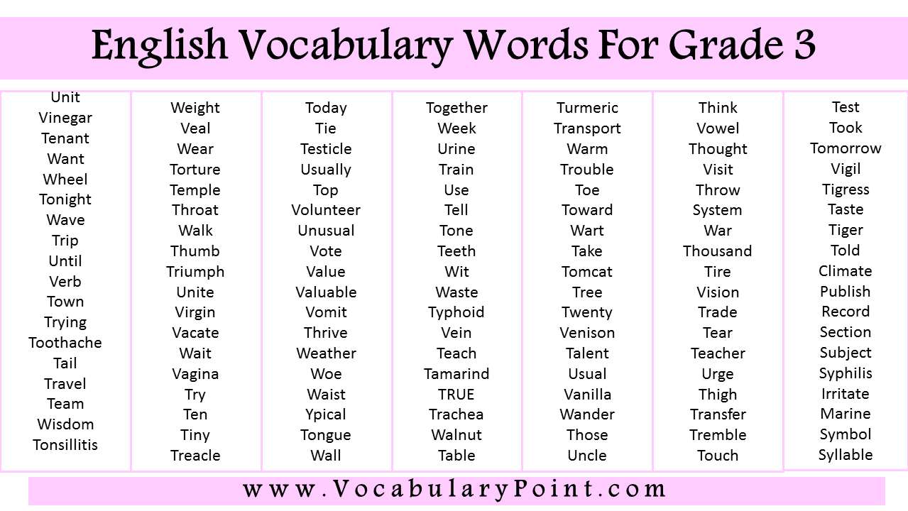English Words For 3rd Class with Meaning Vocabulary Point