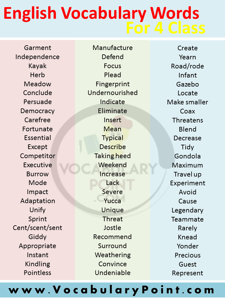 English Vocabulary Words For Class 4