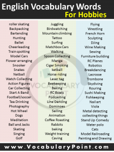 Hobbies Vocabulary (Best Words For Hobbies) - Vocabulary Point