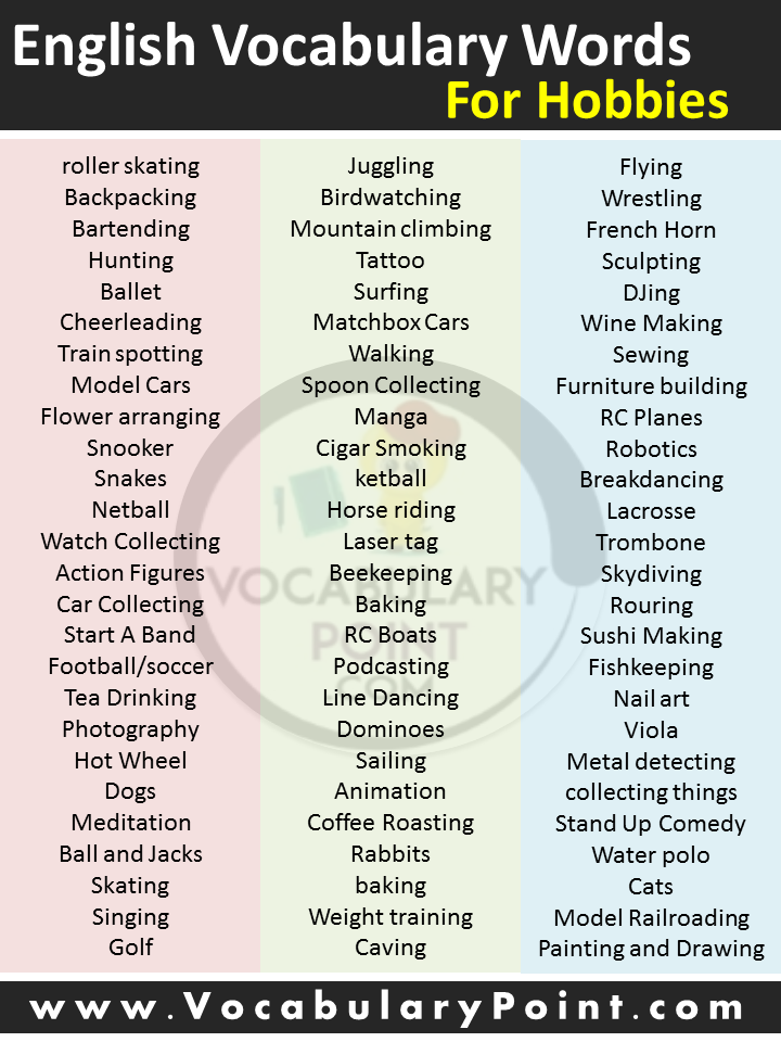English Vocabulary Words For Hobbies
