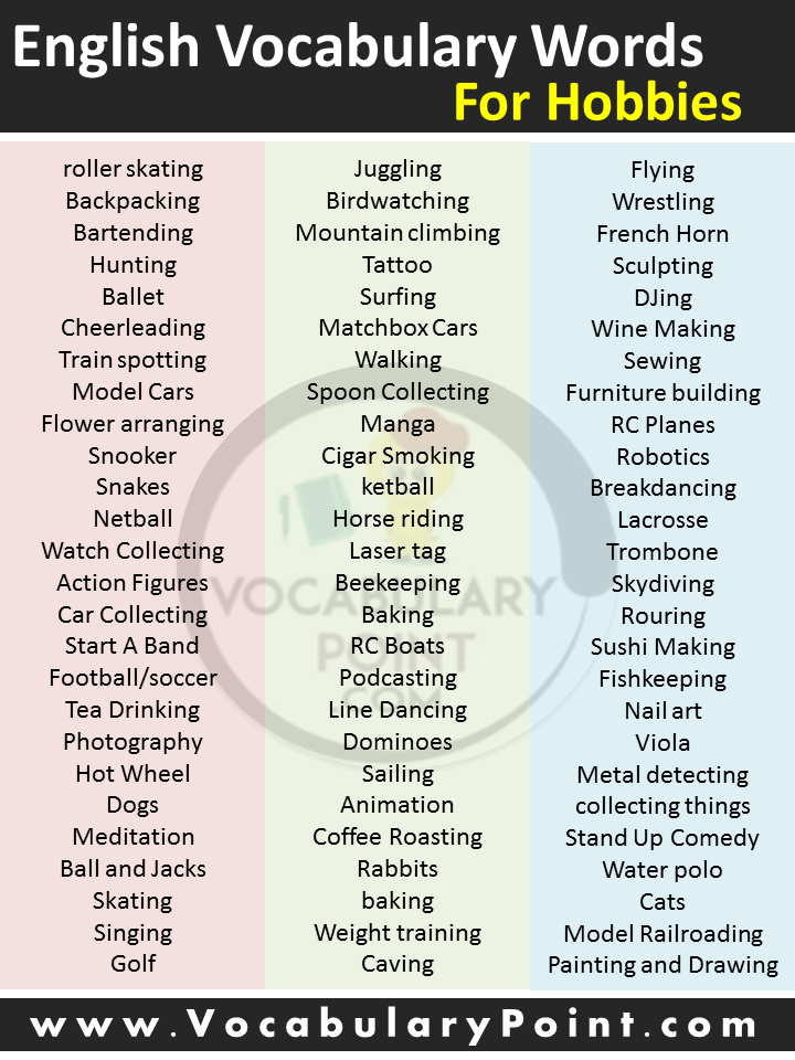 English Vocabulary Words For Hobbies 