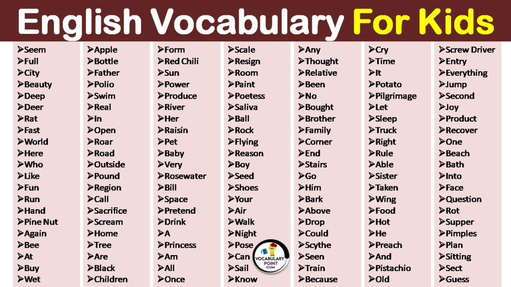 English Vocabulary Words For Kids - Vocabulary Point