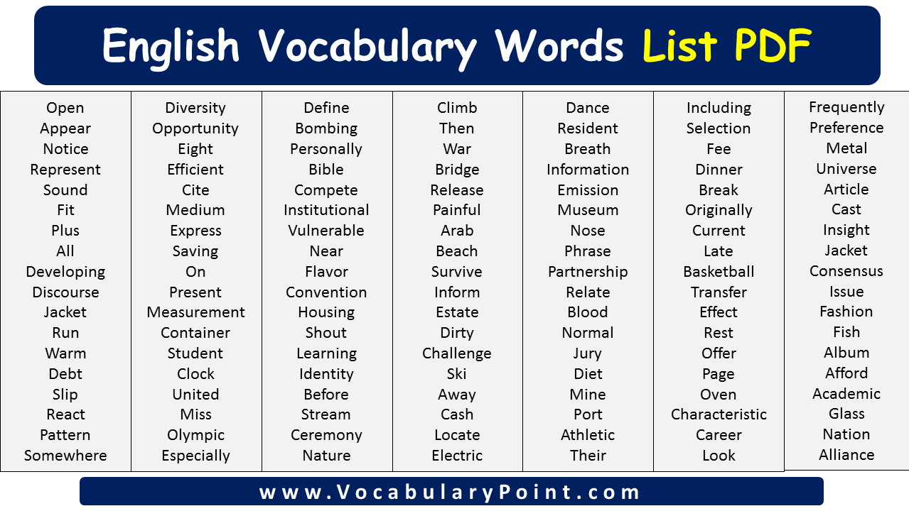 English Vocabulary Words List Pdf English Words List