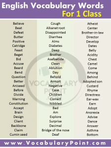 English Words For Class Pdf Vocabulary Point