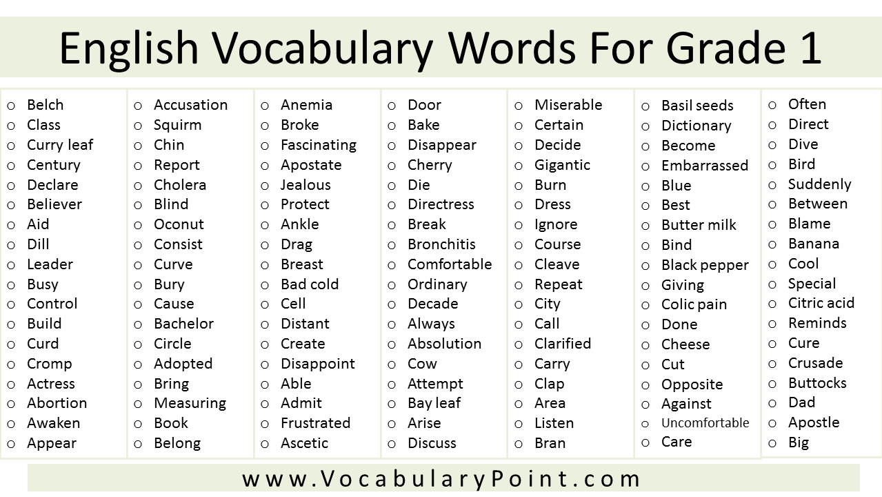 English Words For Class 1 Pdf Vocabulary Point